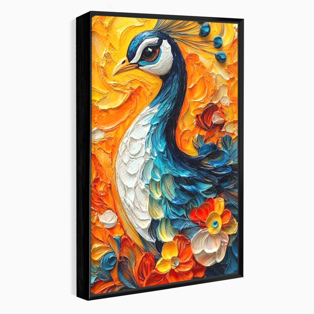 Tablou canvas cu tablou canvas cu paun pictat, in rama de aluminiu negru